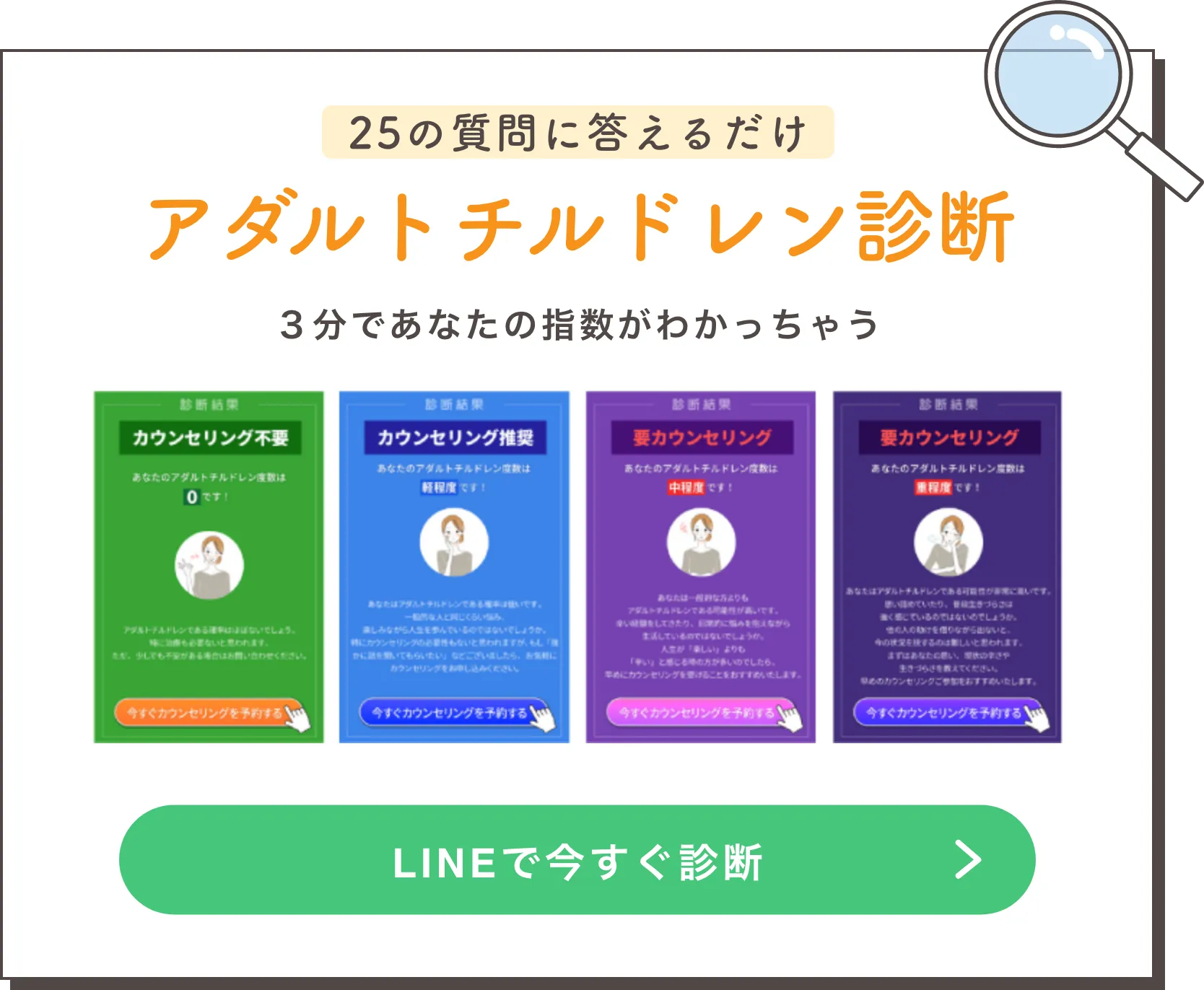 25の質問に答えるだけ アダルトチルドレン診断 3分であなたの指数がわかっちゃう LINEで今すぐ診断