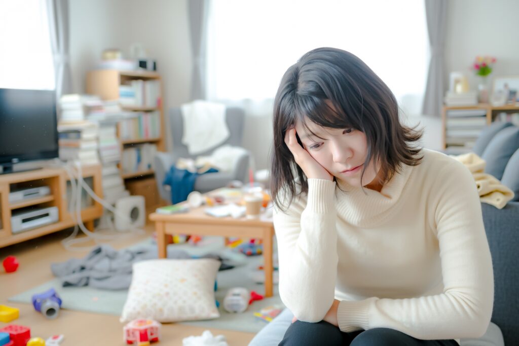 散らかった部屋で悩む女性